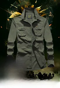 Detail of army green cotton military shirt with chest pockets and outdoor logo label