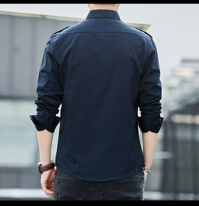 Rear view of slim fit dark blue men's shirt with epaulettes and outdoor casual style