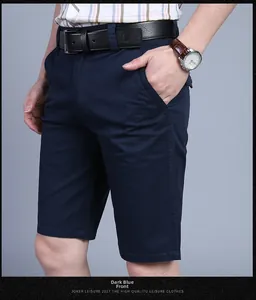 Front view of men's casual navy cotton shorts with a black leather belt in a straight cut