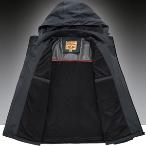 Men's outdoor hooded jacket in dark grey featuring a windproof shell and mesh lining