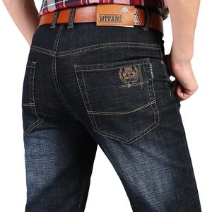 Jeans da Uomo a Gamba Dritta in Misto Cotone Casual Lavati Pantaloni in Denim Ricamo Vita Media Elasticizzati per Uomo