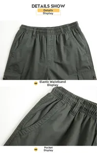 Detail of elastic waist and utility pockets on grey-green outdoor cargo pants