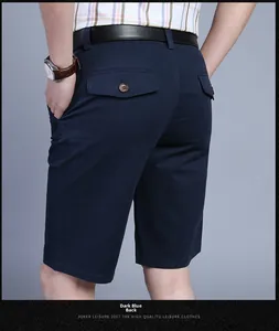 Rear view of men's navy blue cotton casual cargo shorts with buttoned back pockets and leather belt