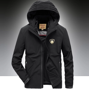 Men's black hooded windbreaker jacket with chest badge and adjustable drawstrings