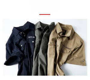 Detail of cotton cargo shirts showing chest pockets and OFF-ROAD embroidery details