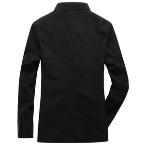 Men's slim fit black cotton blazer jacket featuring back view and cuff button details