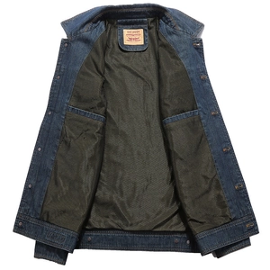Men's dark blue denim jacket with breathable black honeycomb mesh lining and inner pockets