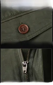 Detailed macro view of the YKK metal zipper and resin button on green cargo shorts