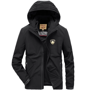 Men's casual black hooded windbreaker jacket with adjustable cuffs and chest badge