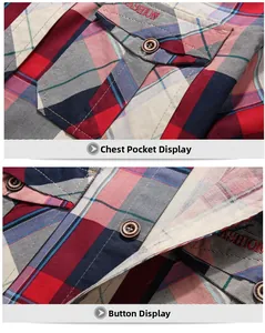 Detail of classic plaid short sleeve shirt featuring button pocket and embroidered logo