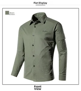 Detailed close-up of bean green cargo shirt with fashion embroidery and arm pocket