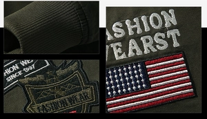 Detail of ribbed cuffs and vintage fashion embroidery on men's army green cotton jacket