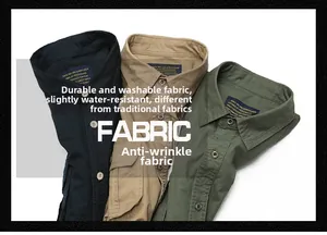 Detail of durable cotton work shirts showing fabric textures in khaki, navy, and army green