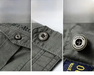Detailed view of cargo shirt features including embroidery, fashion buttons, and labels