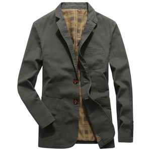 Men's casual olive green cotton blazer jacket with classic notched lapels and two buttons