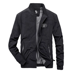 Classic men's black bomber jacket with stand-up collar and embroidered logo details