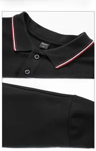 Detail of black polo collar with red and white stripes and engraved SPORT buttons
