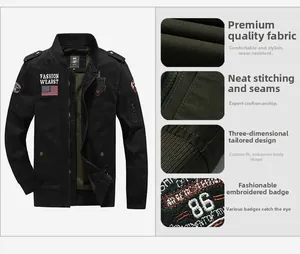 Detail view of black cargo flight jacket featuring tactical patches and rugged cotton fabric