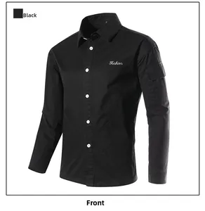 Detail of black workwear shirt featuring Fashion embroidery and sleeve utility pocket