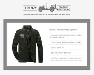 Detail specifications for washed cotton cargo jacket showing material and size info