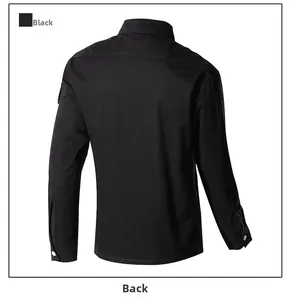 Detailed back view of a men's slim fit black long sleeve cargo shirt with shoulder stitching