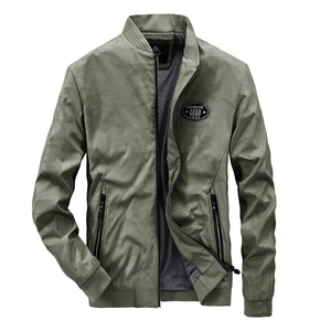 Men's olive green camouflage flight jacket with stand collar and zipper pockets