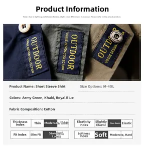Size chart and fabric details for men's cotton short-sleeve cargo shirt with three colors