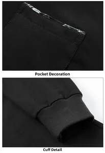 Detail view of cotton sweatshirt showing plaid pocket trim and ribbed knit cuffs
