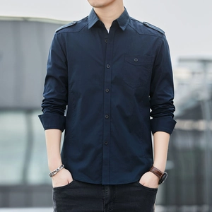 Slim fit navy blue cotton long sleeve shirt for men with stylish shoulder epaulettes