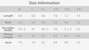 Detailed size chart for men's casual jacket showing measurements from size M to 4XL