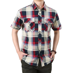 Men's Plaid Short Sleeve Shirt 100% Cotton Button Down Casual Summer Top With Double Pockets Lapel Collar Male Outwear