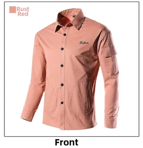 Detailed view of rust red cargo shirt jacket with chest embroidery and functional pockets