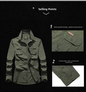 Detail view of military green cotton work shirt showing chest pocket and sleeve cuffs