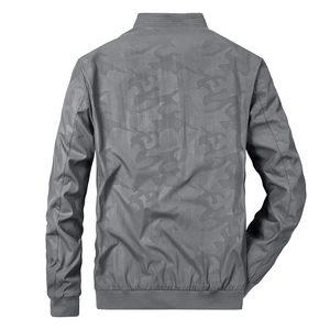 Men's casual grey camouflage jacket with breathable honeycomb texture and ribbed hem