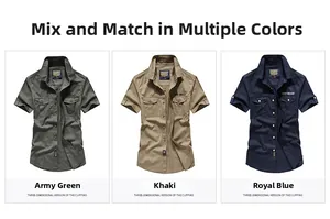 Three-color comparison of cotton cargo shirts with dual pockets and chest prints