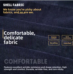 Macro shot of durable navy blue corduroy fabric showing vertical texture and anti-wrinkle quality