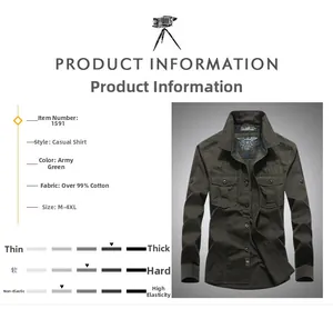 Scheda tecnica della camicia cargo in cotone verde militare con dettagli su tessuto e peso