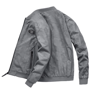 Men's grey camouflage bomber jacket with zip front and ribbed trims on white background