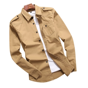 Slim fit men's khaki cotton shirt with epaulettes and chest pocket in workwear style