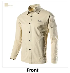 Detail of khaki slim fit utility shirt showing the sleeve pocket and fashion embroidery