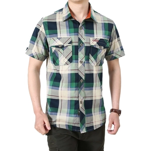 Men's casual plaid short sleeve shirt with chest pockets in green and blue check
