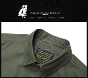 Close-up of army green cotton cargo shirt collar with woven label and vintage button