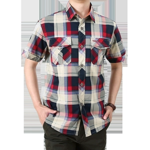 Men's summer casual plaid short sleeve shirt with double chest pockets in cotton