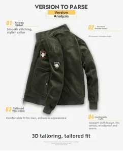 Detail view of dark green corduroy jacket showing ribbed cuffs and vintage patches