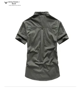 Rear view of army green cotton work shirt featuring a 3D pleated back design