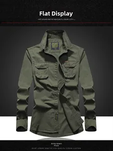 Detail of army green cotton work shirt featuring double chest pockets and sturdy buttons