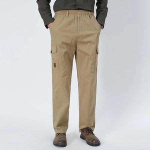 Men's Casual Cargo Pants Cotton Twill Multi Pocket Elastic Waist Outdoor Daily Tactical Straight Leg Trousers
