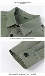Detail showing the classic collar and button cuffs of this army green military style shirt