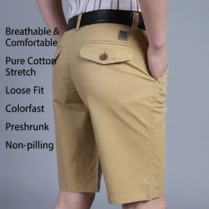 Men's khaki cotton cargo shorts with a relaxed fit and stretch fabric back view