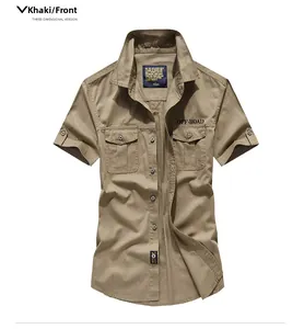 Macro detail of khaki cotton work shirt chest pockets with Off-Road printing